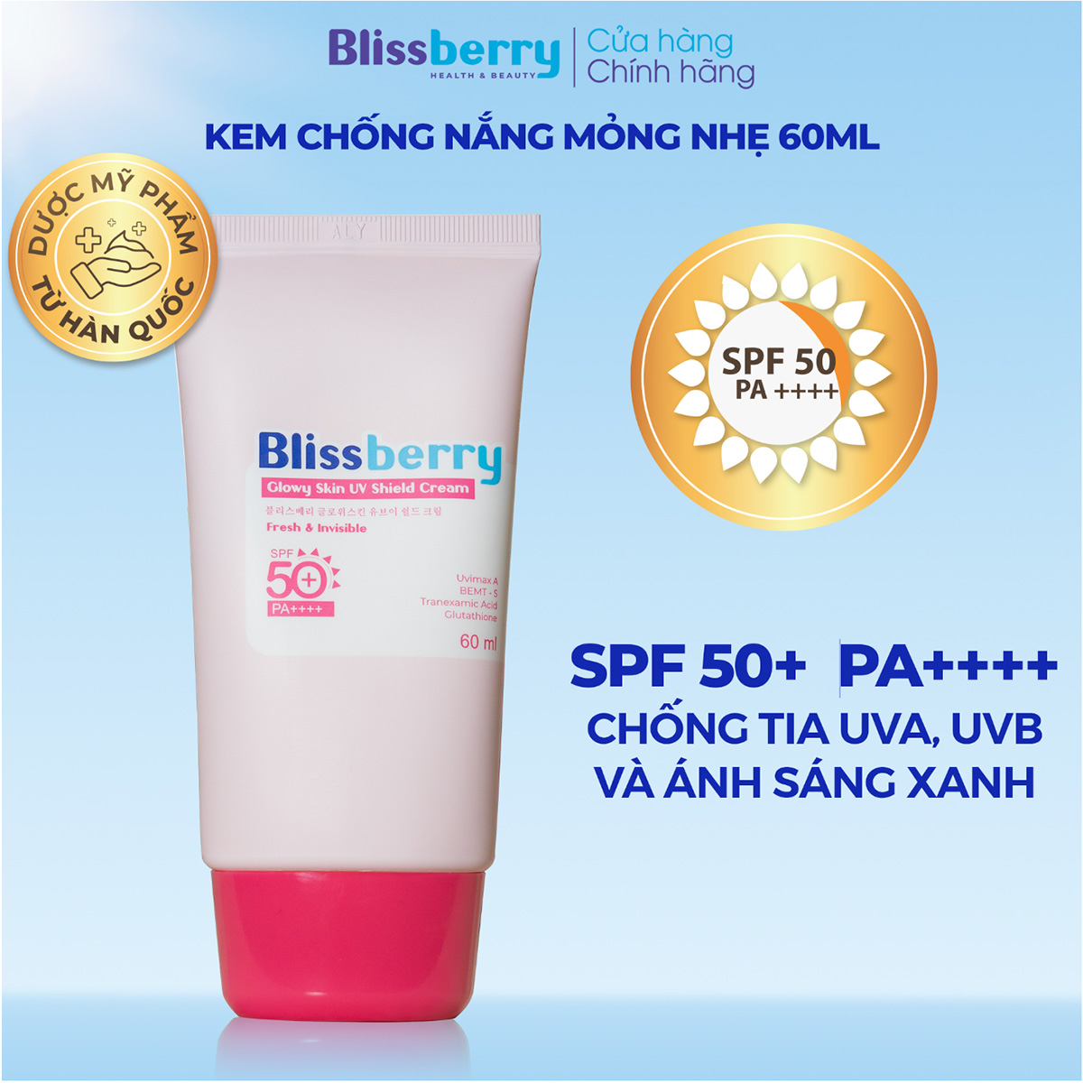 Kem chống nắng mỏng nhẹ sáng da SPF50+, PA+++ Blissberry 60ml - Ảnh 2