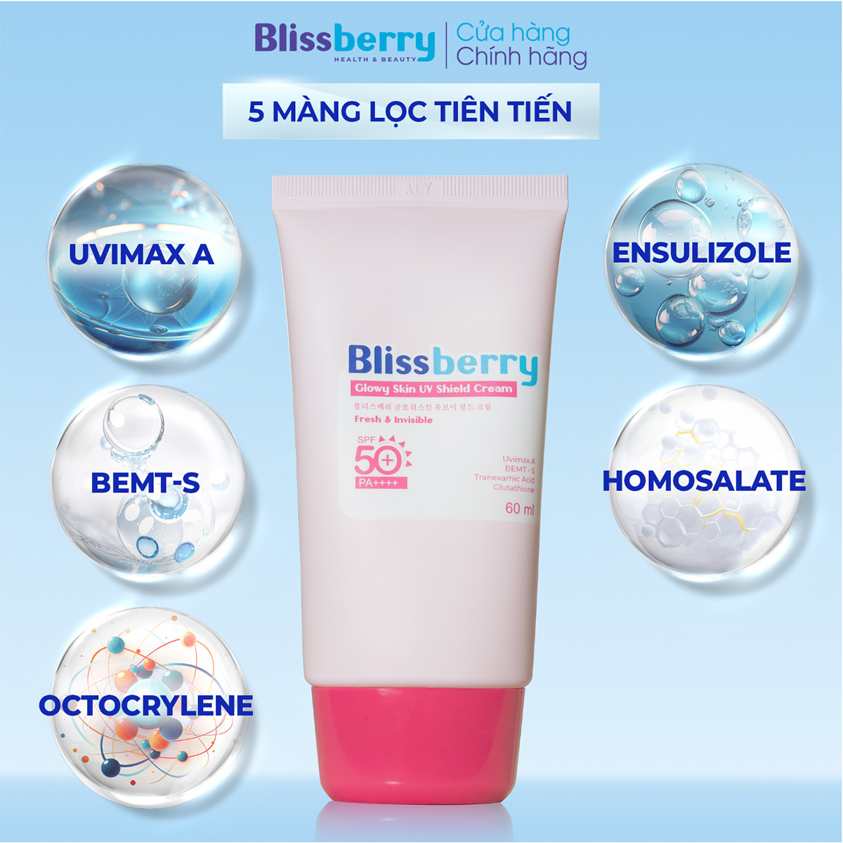 Kem chống nắng mỏng nhẹ sáng da SPF50+, PA+++ Blissberry 60ml - Ảnh 4